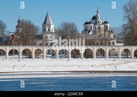 View of Yaroslav's courtyard on a March sunny day. Veliky Novgorod, Russia Stock Photo