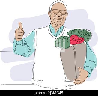 Minimal outline concept of man holding grocery bag Stock Vector