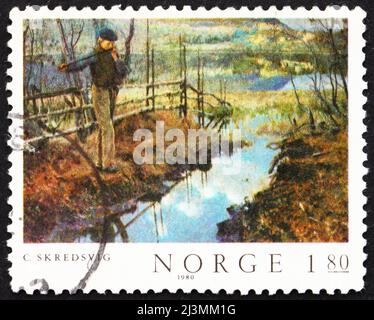 NORWAY - CIRCA 1980: a stamp printed in the Norway shows Self-portrait, painting by Christian Skredsvig, circa 1980 Stock Photo