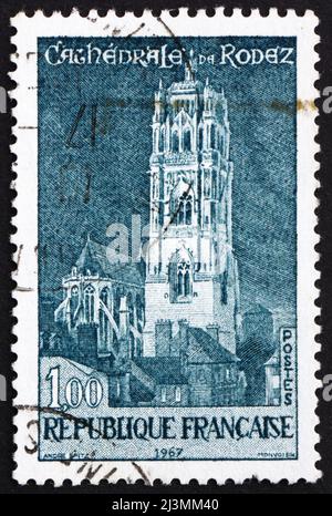 FRANCE - CIRCA 1967: a stamp printed in the France shows Rodez Cathedral, France, circa 1967 Stock Photo