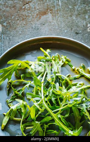 Rocket Salad Leaves, also called Aragula, Roquette and Rucola Salad Stock Photo
