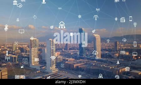 Global connection and the internet network modernization in smart city . Concept of future 5G wireless digital connecting and social media networking Stock Photo