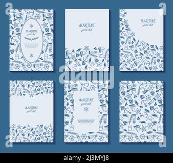 Set of six maritime yacht club poster with different frames on the white background decorated by the numerous blue symbols including fish, ship, red s Stock Vector