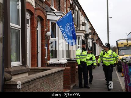 Liverpool, UK. 9th April 2022.   Police officers arrive fore the Premier League match at Goodison Park, Liverpool. Picture credit should read: Darren Staples / Sportimage Stock Photo