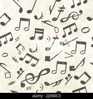 Colorful music seamless pattern chaotically placed notes and treble clef on light gray background with a barely visible lines vector illustration Stock Vector