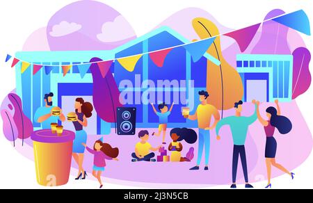 Tiny people with kids eating fast food and dancing, enjoying outdoor festival. Street party, pizza city fest, rib food festival concept. Bright vibran Stock Vector