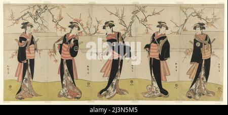 The Actors Segawa Kikunojo III as Karigane Obun, Nakayama Tomisaburo I as An no Oyasu, Iwai Kiyotaro II as Kaminari no Osha, Nakayama Tatezo I as Gokuin no Osen, and Ichikawa Monnosuke II as Hotei no Oichi (right to left), in &quot;Gonin Onna,&quot; Scene One of the Play Waka Murasaki Edokko Soga, Performed at the Ichimura Theater in the Second Month, 1792, Japan, c. 1792. Stock Photo
