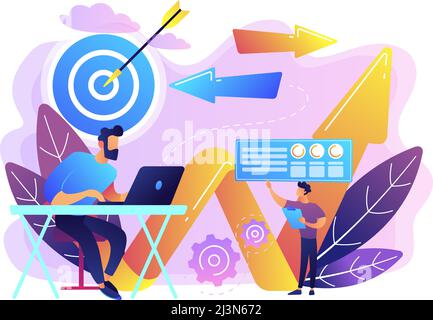 Businessman with laptop, target and arrows. Business direction and strategy, turnaround and change direction campaign concept on white background. Bri Stock Vector