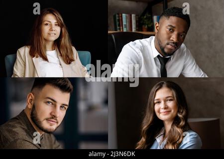 Team working by group video call. View of people on screen of a laptop. multi racial young business people involved in group on-line videoconference m Stock Photo
