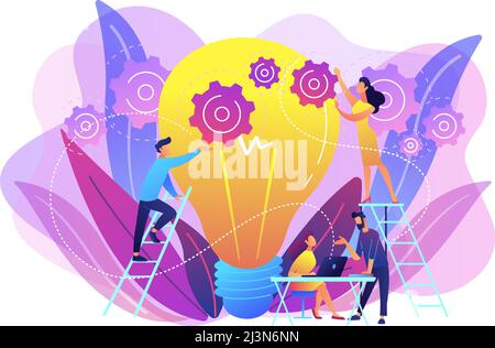 Business team putting gears on big lightbulb. New idea engineering, business model innovation and design thinking concept on white background. Bright Stock Vector