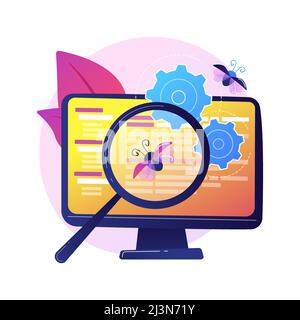 Bug fixing and software testing. Computer virus searching tool. Devops, web optimization, antivirus app. Magnifier, cogwheel and monitor design elemen Stock Vector