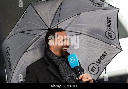 Liverpool, UK. 9th April 2022.   Former Manchester United player Rio Ferdinand presents for BT Sports before the Premier League match at Goodison Park, Liverpool. Picture credit should read: Darren Staples / Sportimage Stock Photo