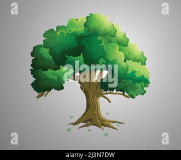 Green tree cartoon vector illustration with gradient background. Stock Vector