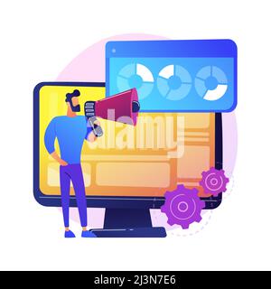 Internet poll results. Marketing survey, report analyzing, questionnaire. Marketer cartoon character with megaphone. Infographics on monitor screen. V Stock Vector