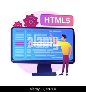HTML5 programming. Internet website development, web application engineering, script writing. HTML code optimization, programmer fixing bugs. Vector i Stock Vector