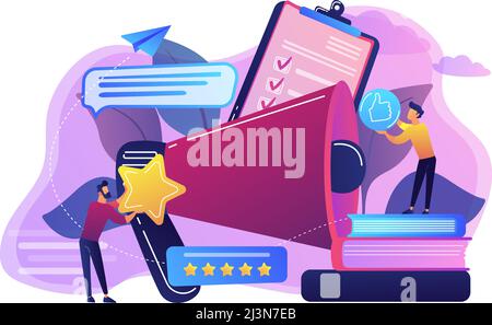 Megaphone and businessmen rate with stars and thumb up icons. Rank and rating scale, high-ranking, top-ranking concept on white background. Bright vib Stock Vector
