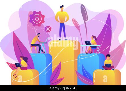 Businessmen work with laptops on graph columns. Business hierarchy, hierarchical organization, levels of hierarchy concept on white background. Bright Stock Vector