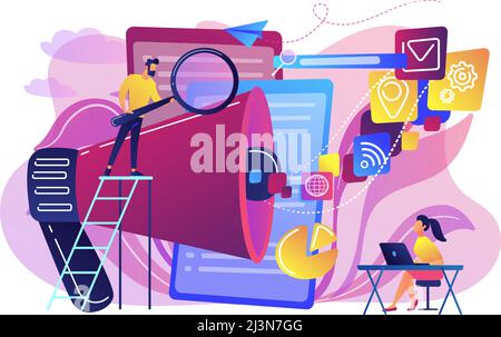 Business team with megaphone and media icons work on search engines optimization. Online marketing, seo tools concept on white background. Bright vibr Stock Vector