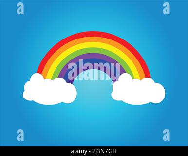 Cartoon rainbow with clouds, vector illustration. Colorful graphic design art. Stock Vector