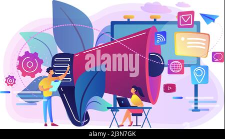 Marketing team work and huge megaphone with media icons. Marketing and branding, billboard and ad, marketing strategies concept on white background. B Stock Vector