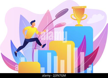 Businessman jumps on graph columns on the way to success. Positive thinking and success achievement, self-confidence concept on white background. Brig Stock Vector