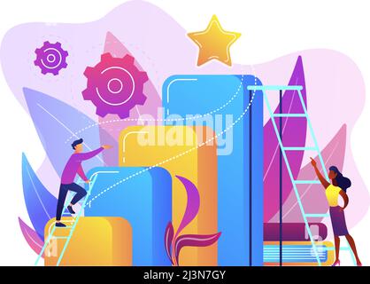 Businessman and woman start climbing ladder. Business and career ambition, career aspirations and plans, personal growth concept on white background. Stock Vector