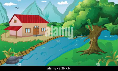 House in the forest. Cottage among trees with lake and mountains. Cartoon vector illustration. Stock Vector