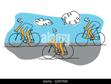 Cycling race, line art stylized cartoon. Illustration of group of cyclists on a road. Continuous Line Drawing. Vector available. Stock Vector