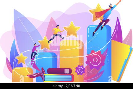 Businessmen climb growth column graph. Career and personality development, careerbuilder, career planning progress concept on white background. Bright Stock Vector