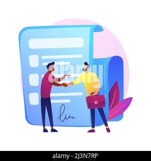 Signing contract. Official document, agreement, deal commitment. Businessmen cartoon characters shaking hands. Legal contract with signature. Vector i Stock Vector