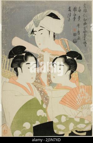Folding Fan Seller, Round Fan Seller, and Barley Pounder (Ogi-uri, uchiwa-uri, mugi-tsuki), from the series &quot;Female Geisha Section of the Yoshiwara Niwaka Festival (Seiro niwaka onna geisha no bu)&quot;, Japan, 1793.