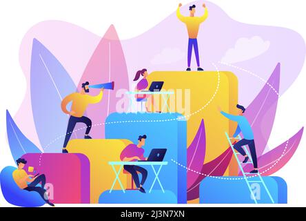 Business people work and climb the corporate ladder. Employment hierarchy, career planning, career ladder and growth concept on white background. Brig Stock Vector
