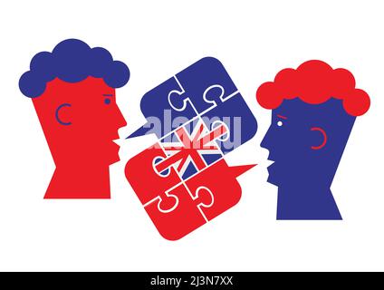 English language lesson dialog, male heads symbol. Two students and Puzzle bubble talk with a British flag symbolizing English conversation. Stock Vector