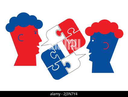 French language lesson dialog, male heads symbol. Two students and Puzzle bubble talk with a French flag symbolizing French conversation. Stock Vector