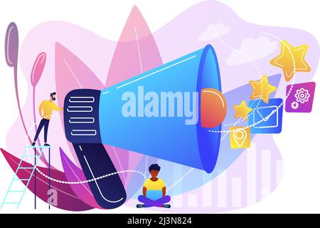 Businessman with megaphone promote media icons. Sales promotion and marketing, pomotion strategy, promotional products concept on white background. Br Stock Vector