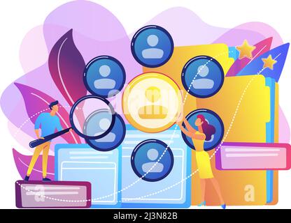 Human resourses managers doing professional staff research with magnifier. Human resources, HR team work and headhunter service concept. Bright vibran Stock Vector