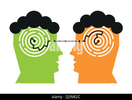 Two men, dialogue,labyrinth in the heads. Illustration of two Stylized Male head silhouettes with maze. Concept of psychology of Dialog. Stock Vector