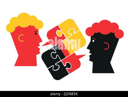 German language lesson dialog, male heads symbol. Two students and Puzzle bubble talk with a German flag symbolizing German conversation. Stock Vector