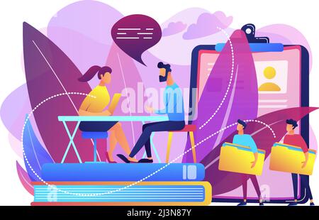 HR specialist having an interview with job applicant and candiadates waiting. Job interview, employment process, choosing a candidate concept. Bright Stock Vector