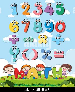 Counting number 0 to 9 and math symbols for kids illustration Stock Vector
