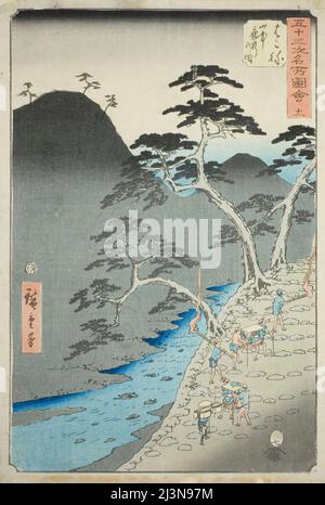 Hakone: Night Procession in the Mountains (Hakone, sanchu yagyo no zu), no. 11 from the series &quot;Famous Sights of the Fifty-three Stations (Gojusan tsugi meisho zue),&quot; also known as the Vertical Tokaido, 1855. Stock Photo