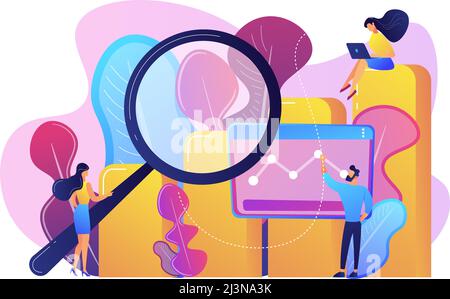 Marketers with magnifier research marketing opportunities chart. Marketing research, marketing analysis, market opportunities and problems concept. Br Stock Vector