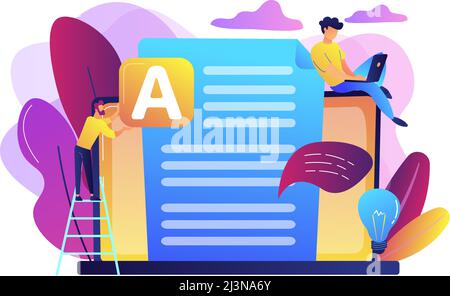 Copywriter at huge laptop writting creative advertising text. Copywriting job, home based copywriter, freelance copywriting concept. Bright vibrant vi Stock Vector