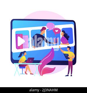 Online courses. Colorful cartoon characters watching video tutorial, business seminar. Elearning, webinar, online learning. Remote studying. Vector is Stock Vector