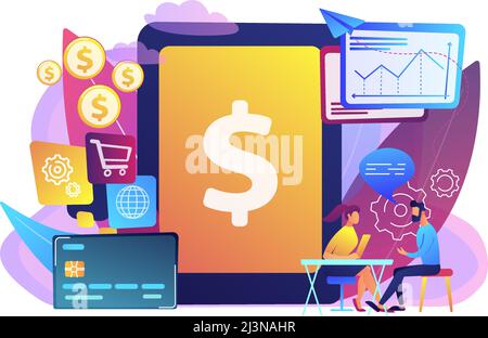 Tablet, bank card and manager using banking software for transactions. Core banking IT system, banking software, IT service concept. Bright vibrant vi Stock Vector