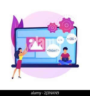 Css and HTML programming languages. Computer programming , coding, IT. Female programmer cartoon character. Software, website development. Vector isol Stock Vector