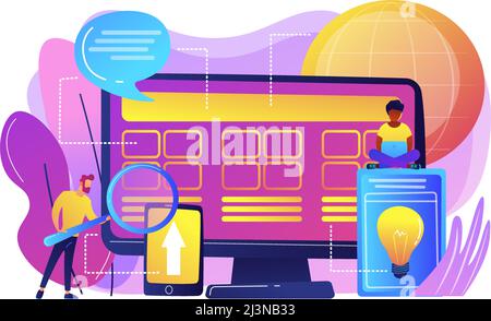 Tiny people developers at computer working on core system. Core system development, all in one software solution, core system modernization concept. B Stock Vector