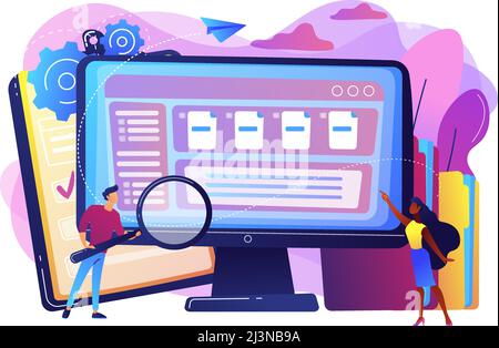 Tiny business people with magnifier work with document management on computer. Document management soft, document flow app, compound docs concept. Bri Stock Vector