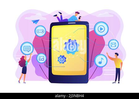 SEO, website, software development. App optimization, programming. Web designers, programmers cartoon characters. Mobile content concept. Bright vibra Stock Vector