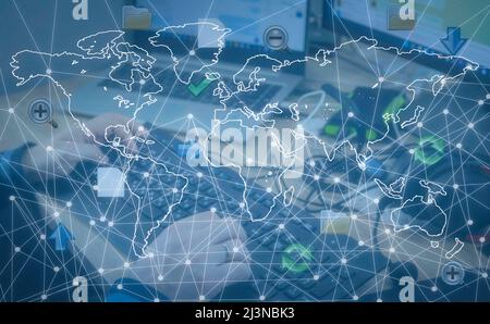 Network internet technologies, digital software development, future technologies and concepts. Global network. World map. Stock Photo